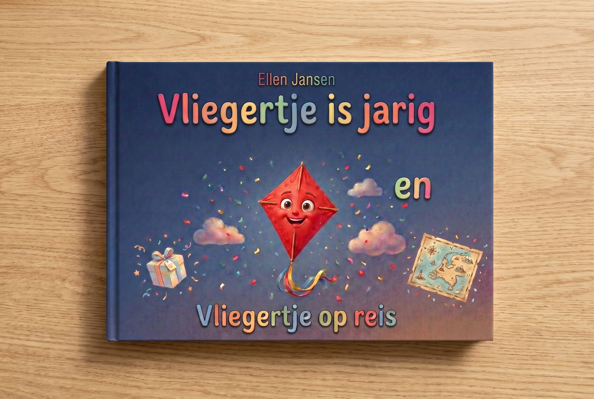Voorplat van kinderboek Vliegertje is jarig en Vliegertje op reis met een vrolijke rode vlieger, cadeau en kaart op blauwe achtergrond