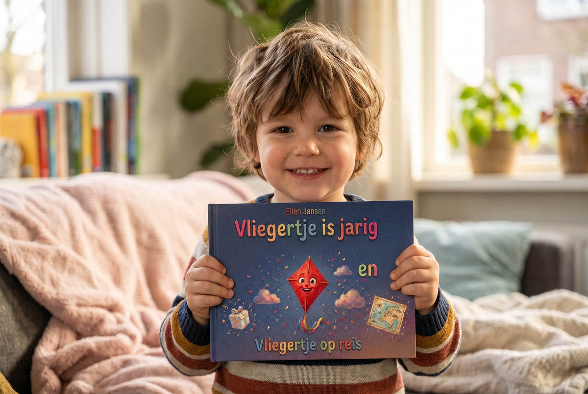 Kind houdt het kinderboek Vliegertje is jarig en Vliegertje op reis met kleurrijke voorkant en vrolijke vlieger vast