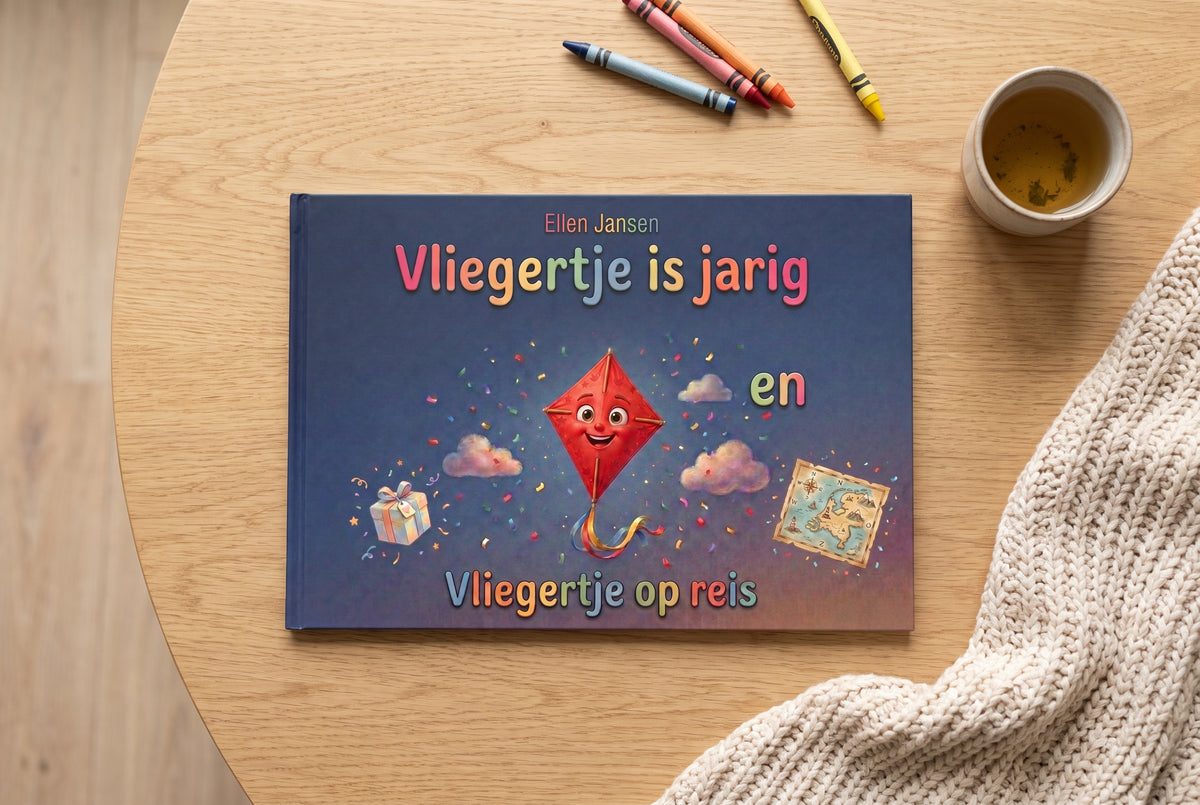 Voorplat van kinderboek Vliegertje is jarig en Vliegertje op reis met vlieger, cadeau en kaart op houten tafel