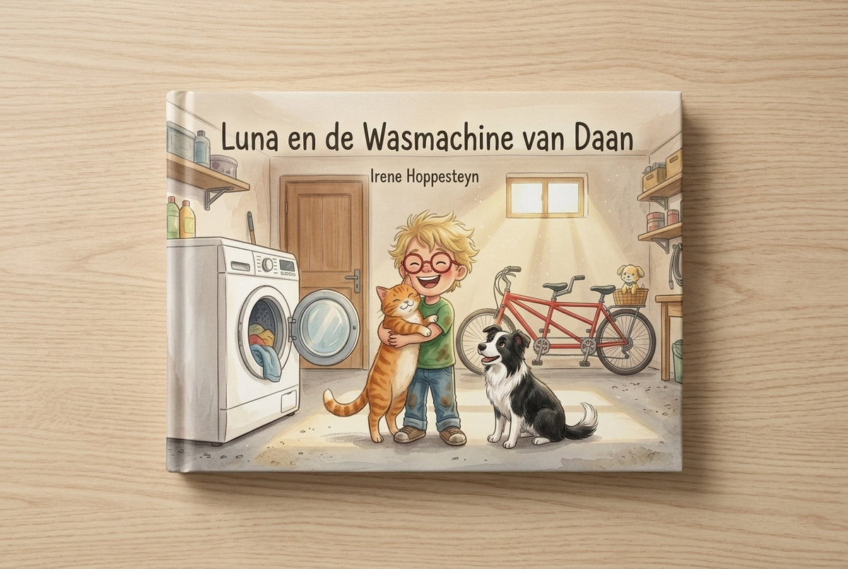 Voorplat van Luna en de Wasmachine van Daan met jongen die kat knuffelt naast wasmachine en hond in garage