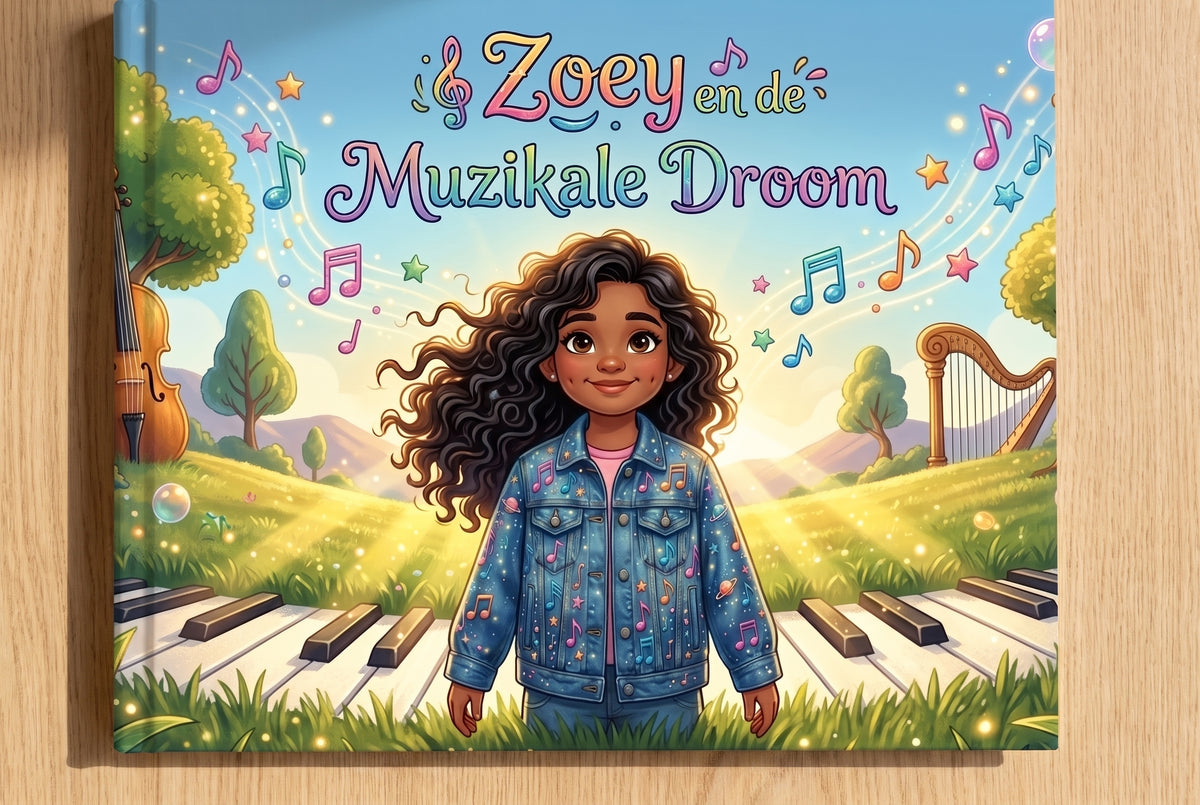 Voorpagina van Zoey en de Muzikale Droom met meisje voor groot toetsenbord en muziekinstrumenten in zonnig landschap