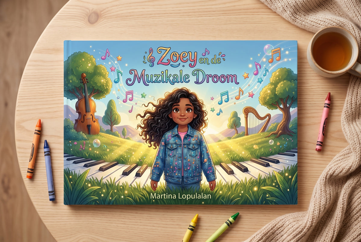 Voorplat van Zoey en de Muzikale Droom met een meisje voor een toetsenbord in een kleurrijk muzikaal landschap