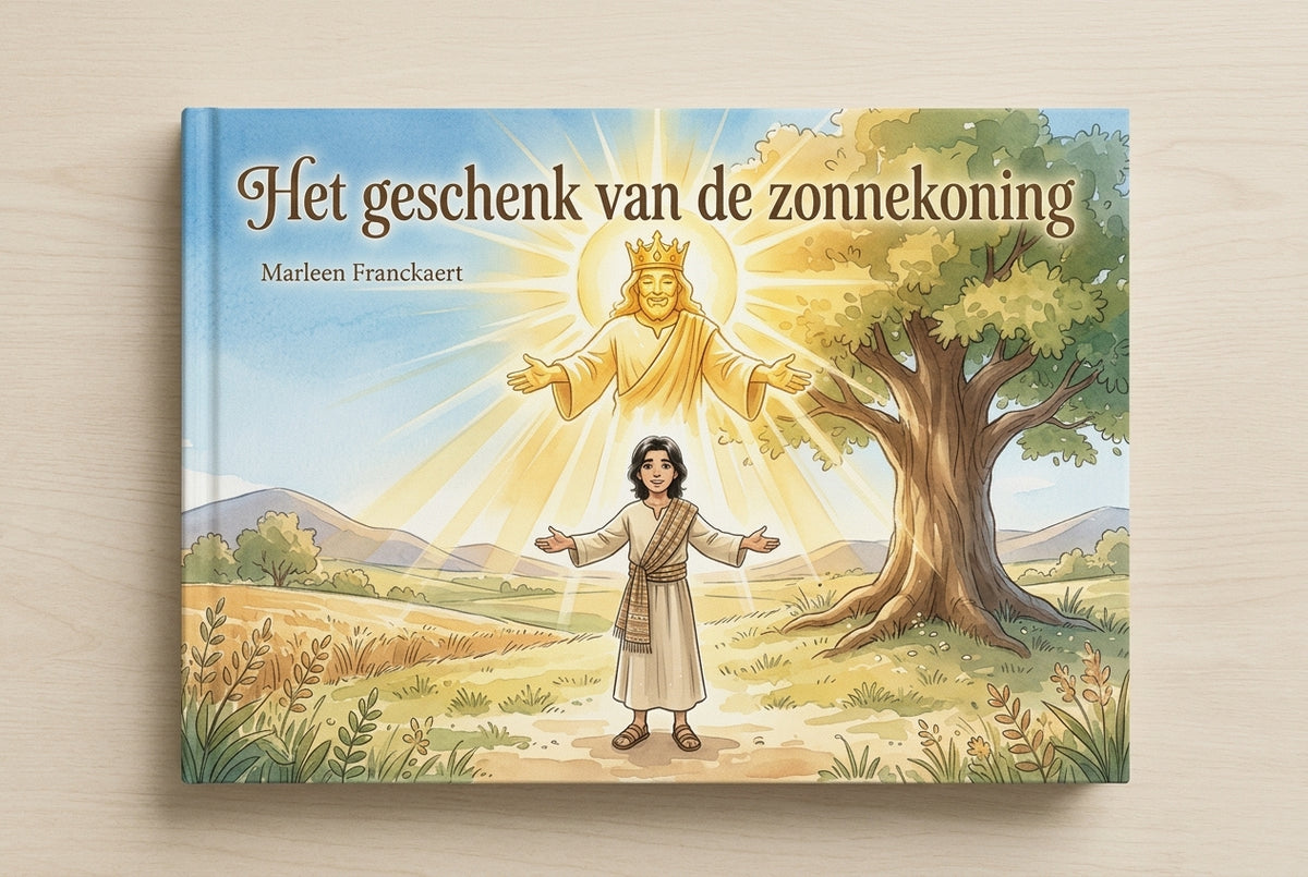 Voorplat van het kinderboek Het geschenk van de zonnekoning met een stralende koning en een kind in een landschap