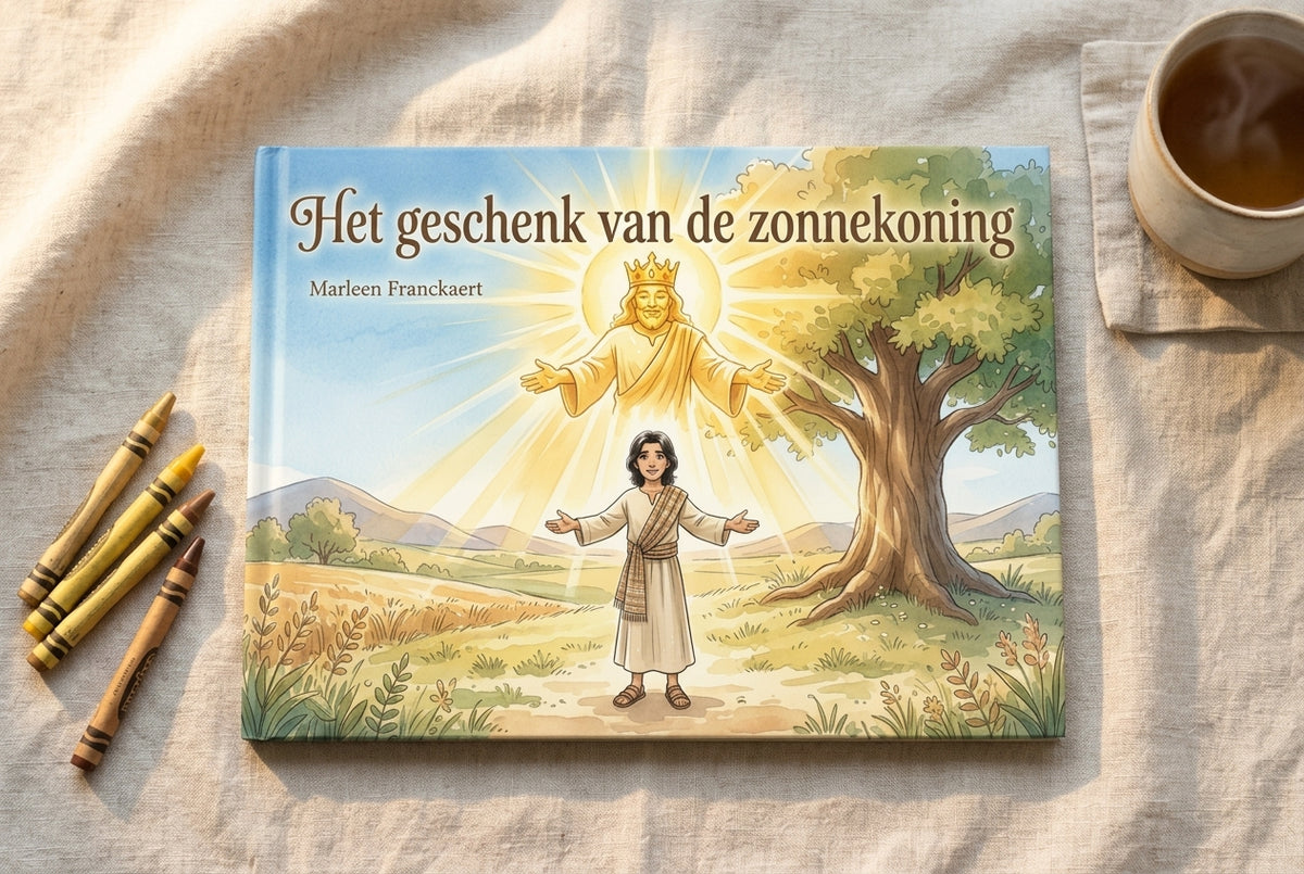 Voorplat van Het geschenk van de zonnekoning met zonnekoning en kind onder een boom, naast krijtjes en een kopje thee