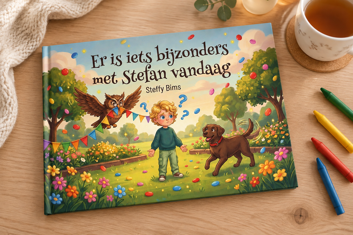 Front cover of There's Something Special About You Today showing a boy, an owl with bunting, and a dog in a colorful garden