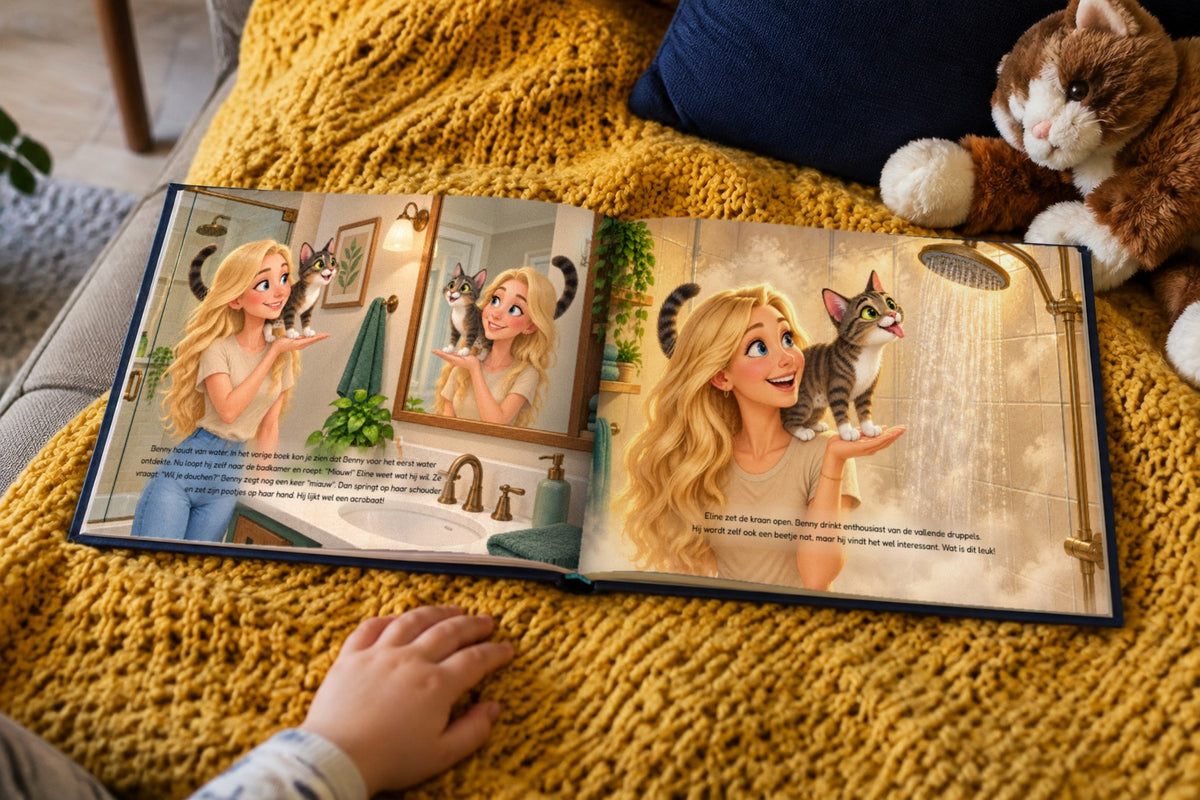 Benny leert woordjes en trucjes met Eline - open boek op een plaid