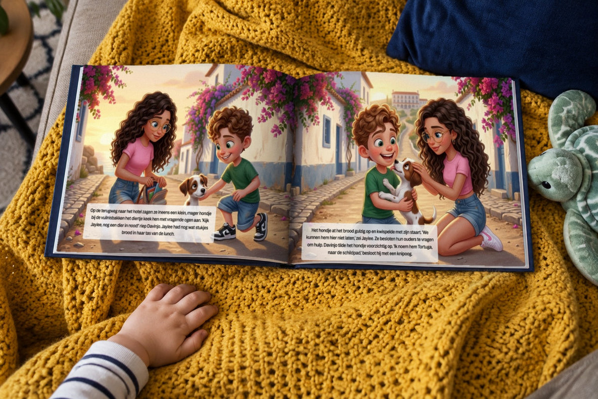 Jaylee en Davinjo: Het geheim van de zeeschildpad - open boek op een plaid