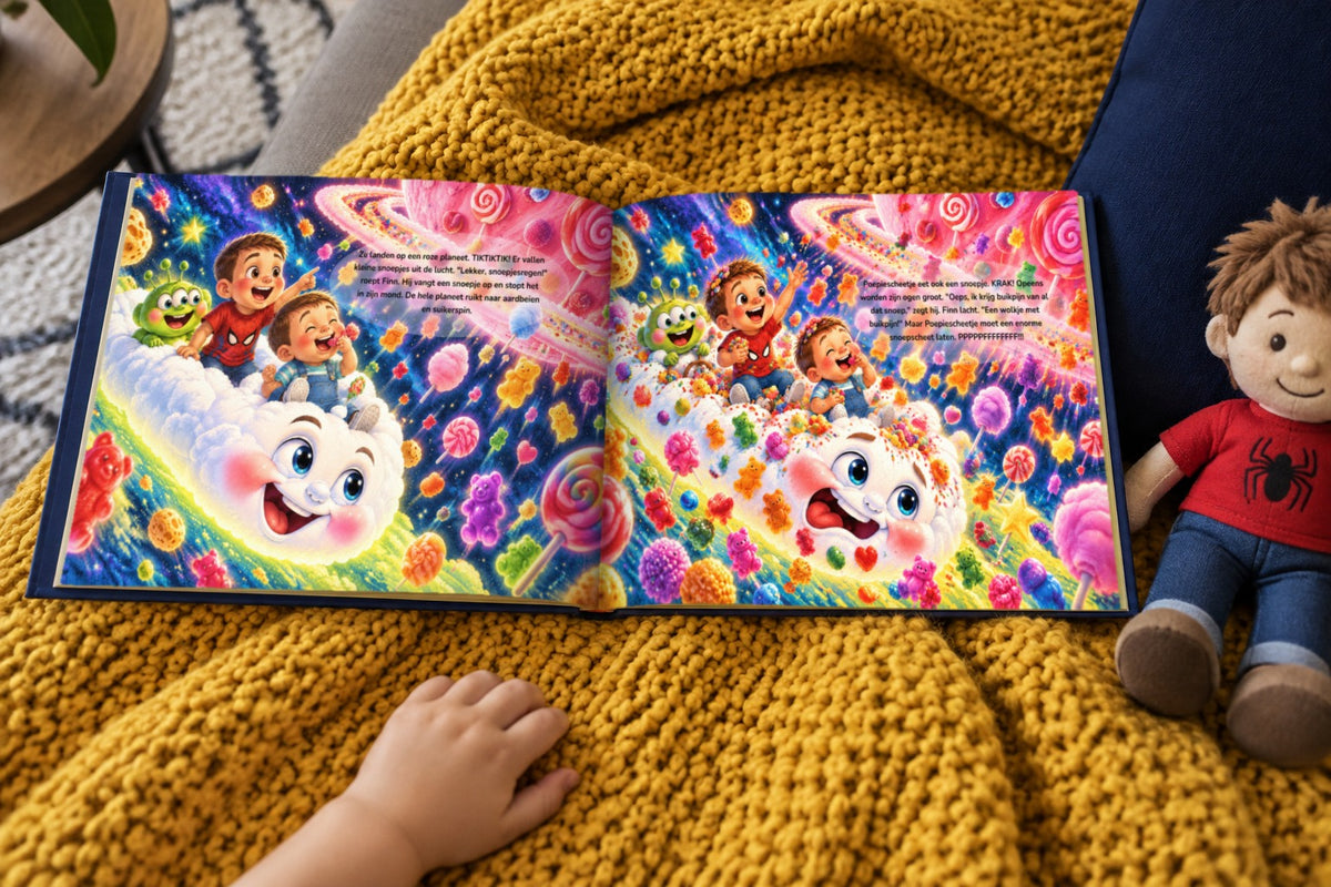 Jaxx & Finn en Poepiescheetje in de ruimte - open boek op een plaid