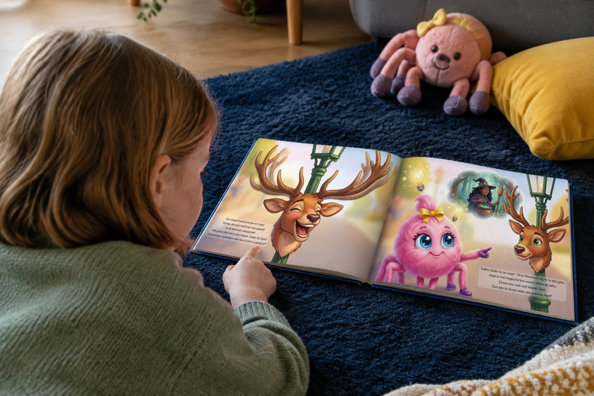 Suiker de Spin en het avontuur met Gert het Hert - kind leest het boek